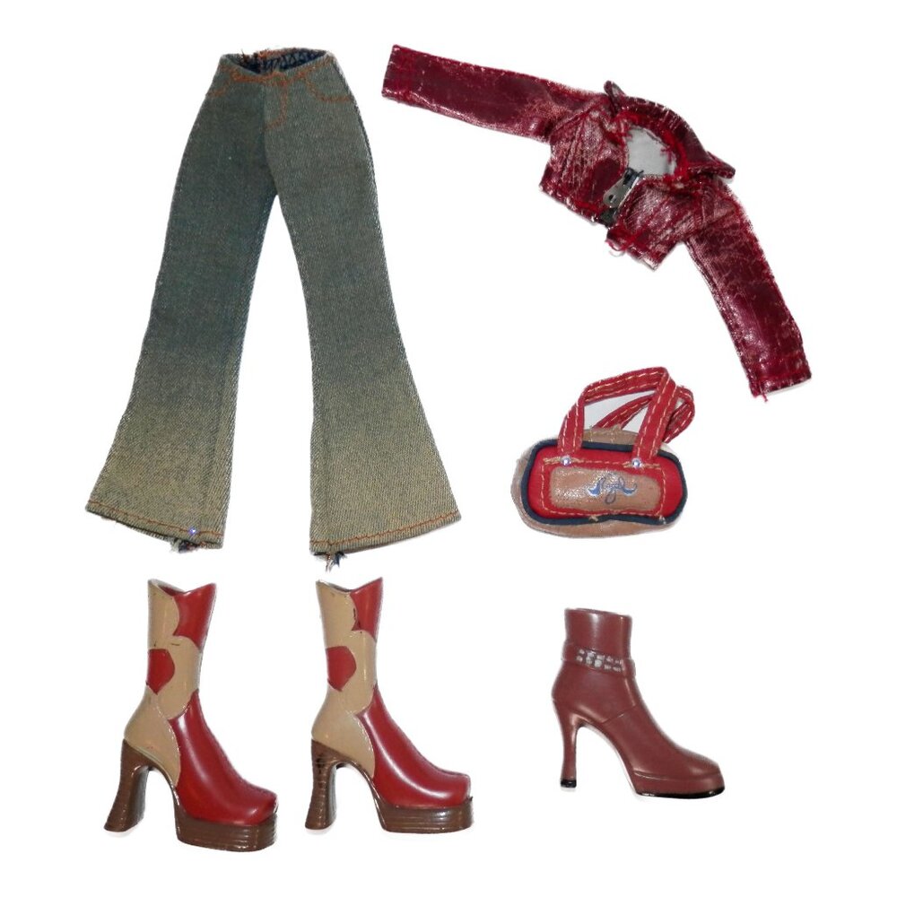 2002 Bratz Xpress It Cloe Faded Jeans Angel Purse Floral Red Boots TLC Jacket